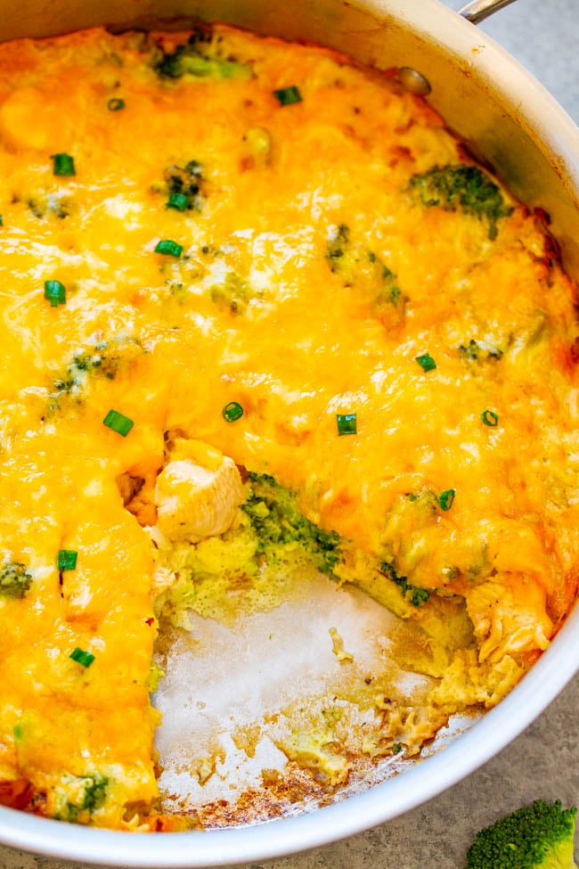 Cheesy Chicken, Broccoli, and Egg Skillet - A healthy-ish brunch, lunch, or breakfast-for-dinner recipe that combines juicy chicken, crisp-tender broccoli, eggs, and melted cheese!! EASY and ready in 30 minutes!!