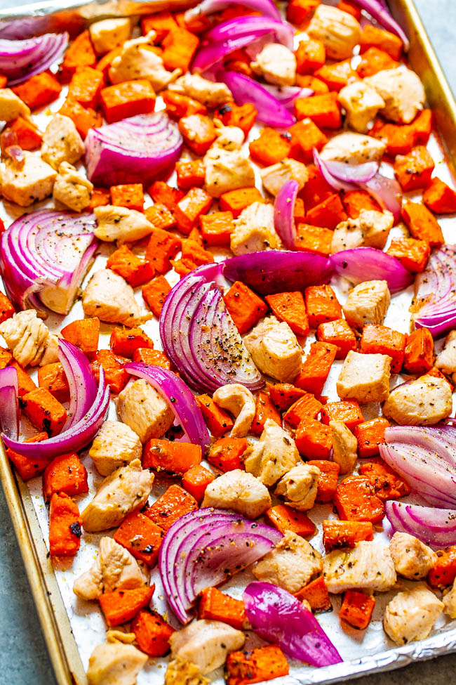 Sheet Pan Roasted Sweet Potatoes and Chicken - EASY, HEALTHY, and a great way to enjoy roasted sweet potatoes in less time!! A DELISH one-pan juicy chicken dinner that's ready in 30 minutes with zero cleanup!!
