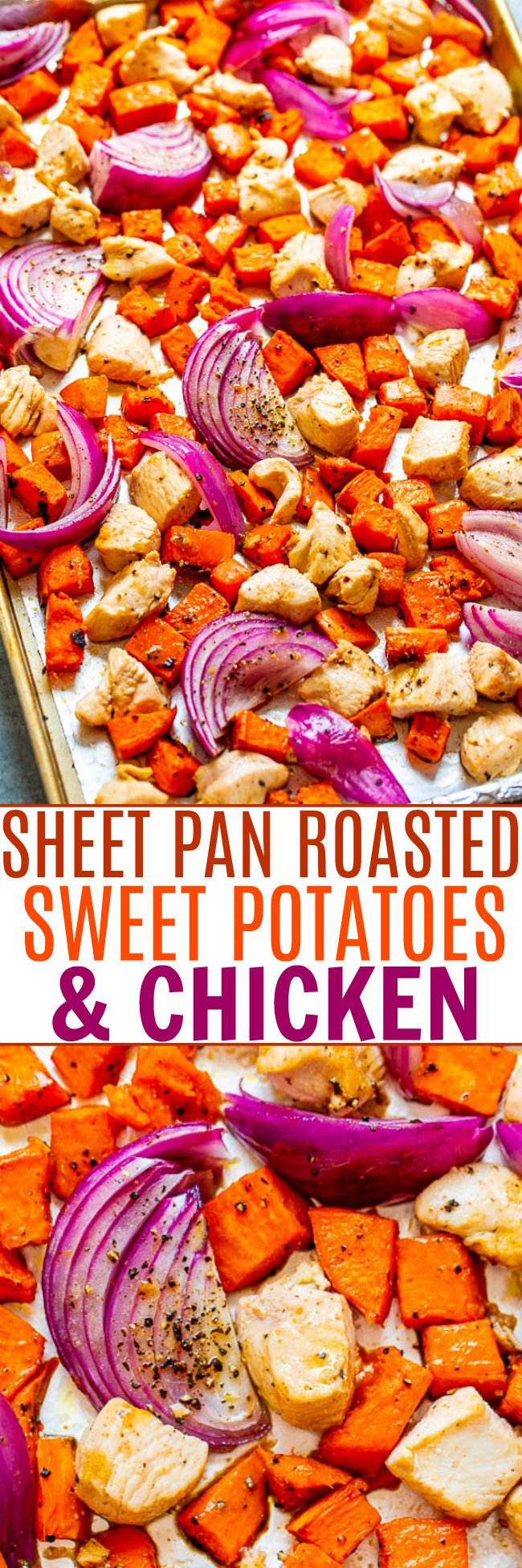 Sheet Pan Chicken and Sweet Potatoes — EASY, HEALTHY, and a great way to enjoy roasted sweet potatoes in less time!! A DELISH one-pan juicy chicken dinner that's ready in 30 minutes with zero cleanup!!
