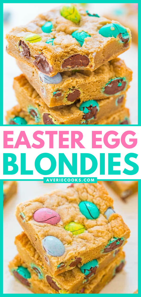 Easter Egg Bars — Fast, EASY, super soft, and loaded with chocolate M&M's Eggs galore!! Definitely my favorite type of Easter eggs! SAVE this recipe for your leftover Easter candy!!