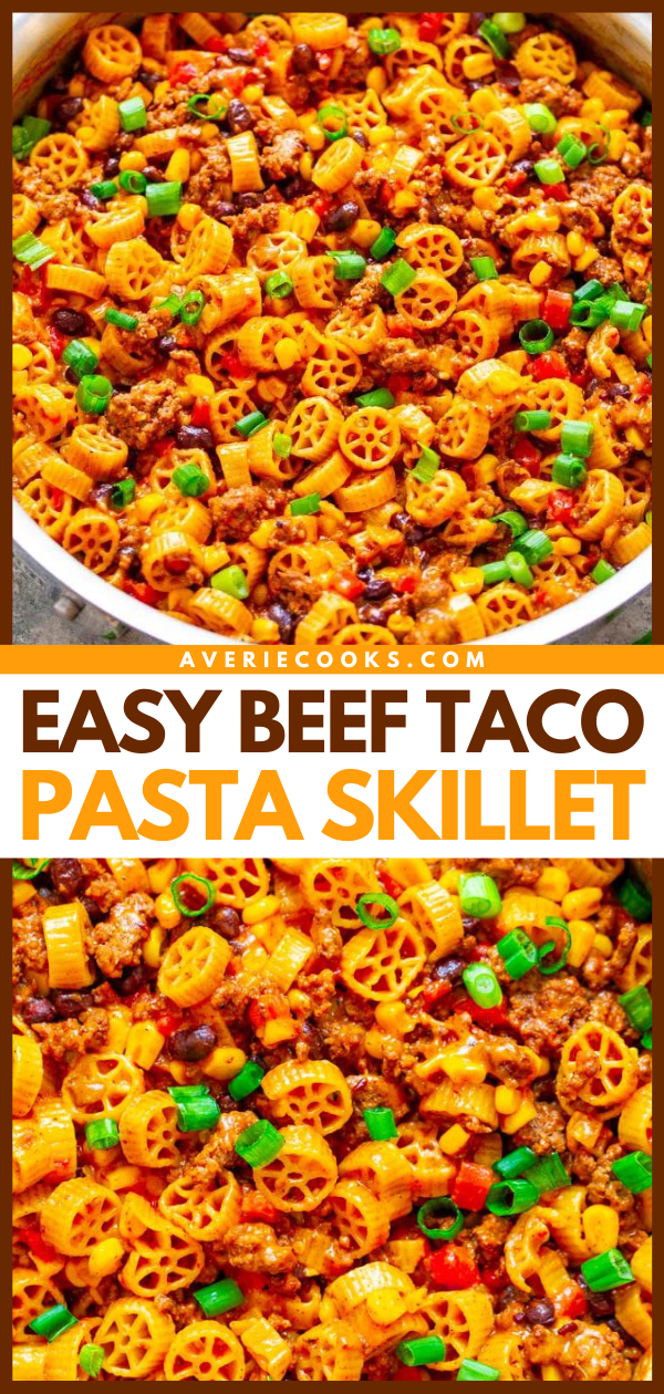 One-Pot Taco Pasta – An EASY recipe that’s ready in 20 minutes, made in ONE skillet, and loaded with Mexican-inspired flavors!! A family favorite that’s great for busy weeknights!!