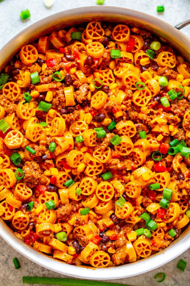 Overhead shot of Beef Taco Pasta Skillet in a pan