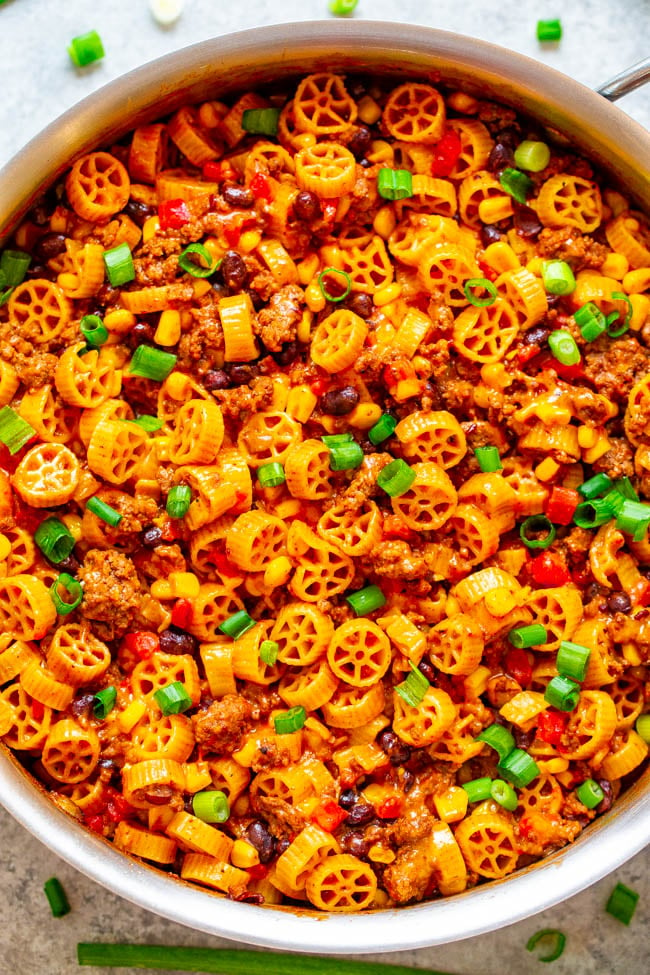 overhead view of one pot taco pasta loaded with ground beef and beans 