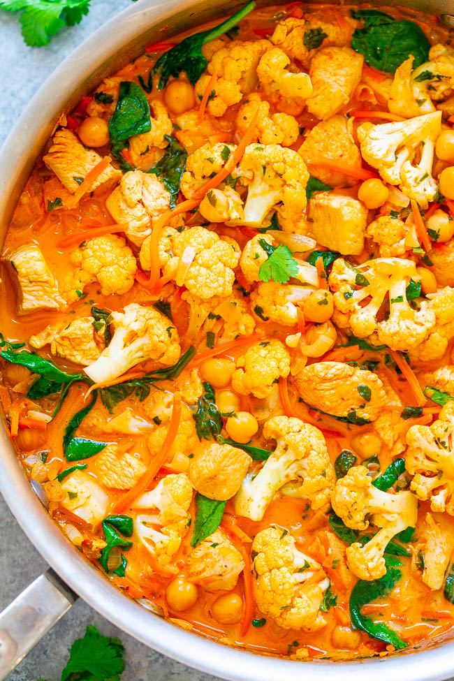Thai Chicken Cauliflower Curry — An EASY, one-skillet curry that’s ready in 20 minutes and tastes BETTER than a restaurant!! The Thai-inspired coconut milk broth makes this healthy comfort food taste AMAZING!!