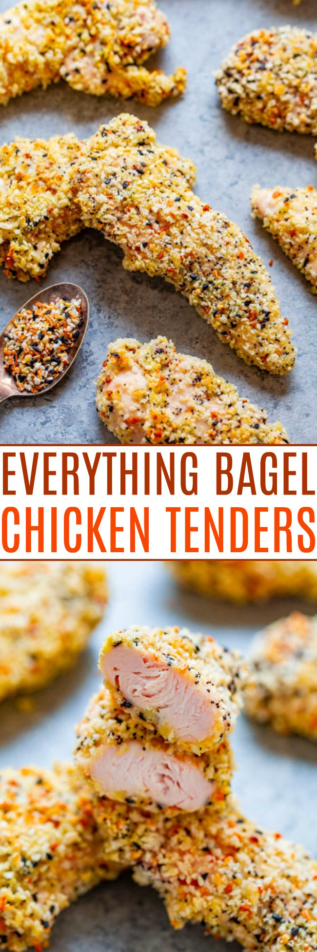 Everything Bagel Baked Chicken Tenders – EASY, ready in 15 minutes, and perfectly CRISPY on the outside!! Tastes like an everything bagel met chicken on the way to the oven and so GOOD! Don’t bother frying chicken when you can bake it!!