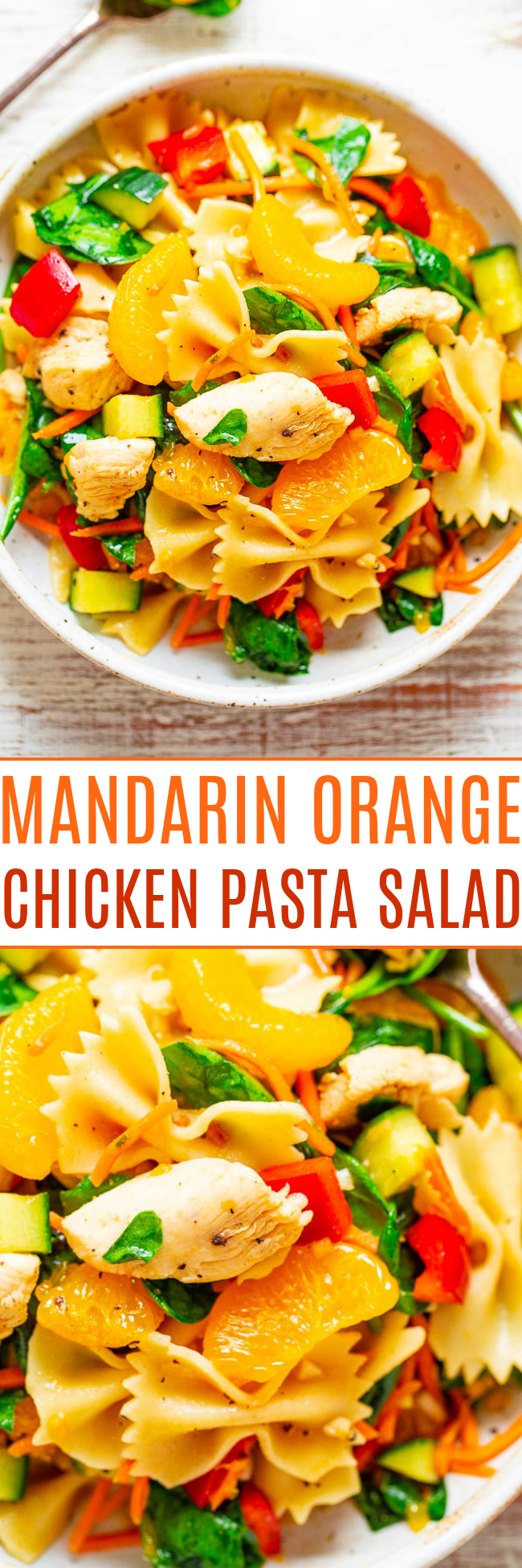 Mandarin Chicken Pasta Salad — EASY, ready in 30 minutes, and packed with Asian-inspired flavors!! Juicy sesame chicken, pasta, and lots of healthy vegetables! PERFECT for potlucks, picnics, parties, and planned leftovers!!