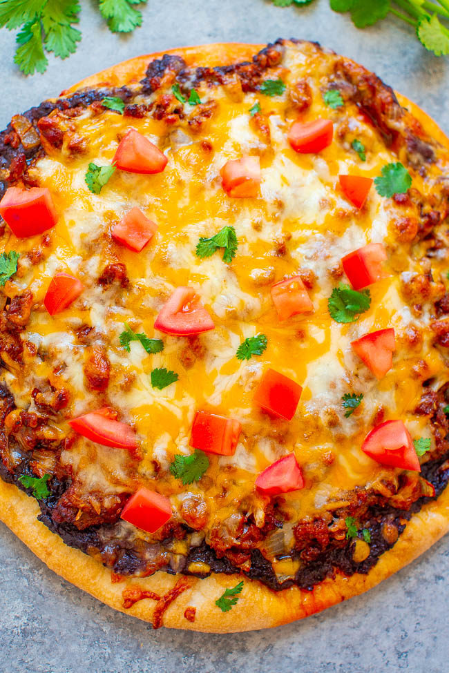 Overhead shot of Mexican Taco Pizza