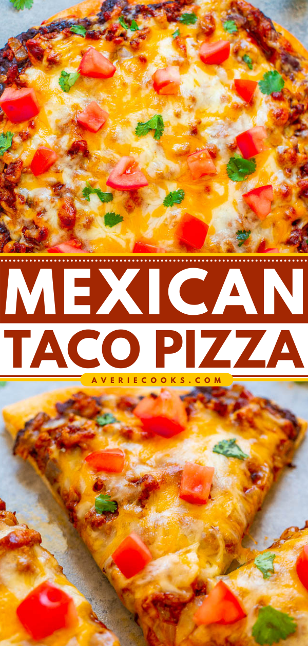 Mexican Taco Pizza — EASY, ready in 20 minutes, and like eating a taco in pizza form!! Taco-seasoned ground beef on top of refried beans with melted cheese and your favorite taco fixings!!