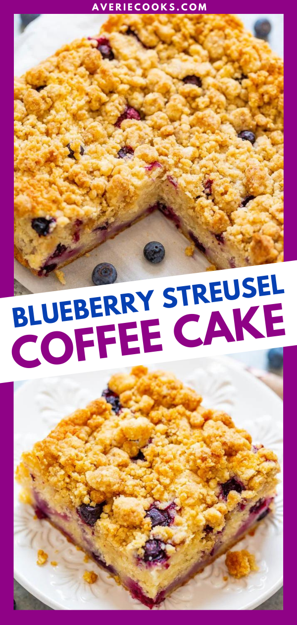 Blueberry Coffee Cake with Streusel Topping — An EASY, no-mixer cake studded with juicy blueberries and topped with big buttery streusel nuggets that are just SO GOOD!! Not overly sweet and PERFECT with a cup of coffee for breakfast, brunch, or a snack!!