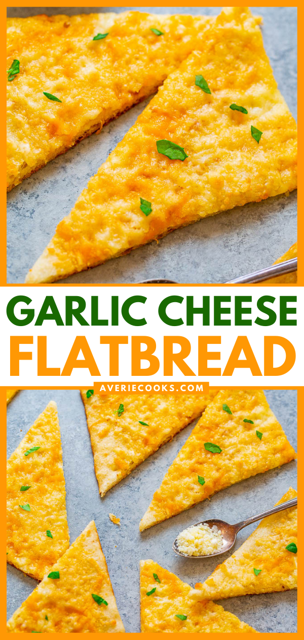 Garlic Cheese Flatbread - So EASY, just FIVE ingredients, ready in TEN minutes, and the perfect little party appetizer!! No one can say no to buttery garlic flatbread with two types of melted CHEESE!!