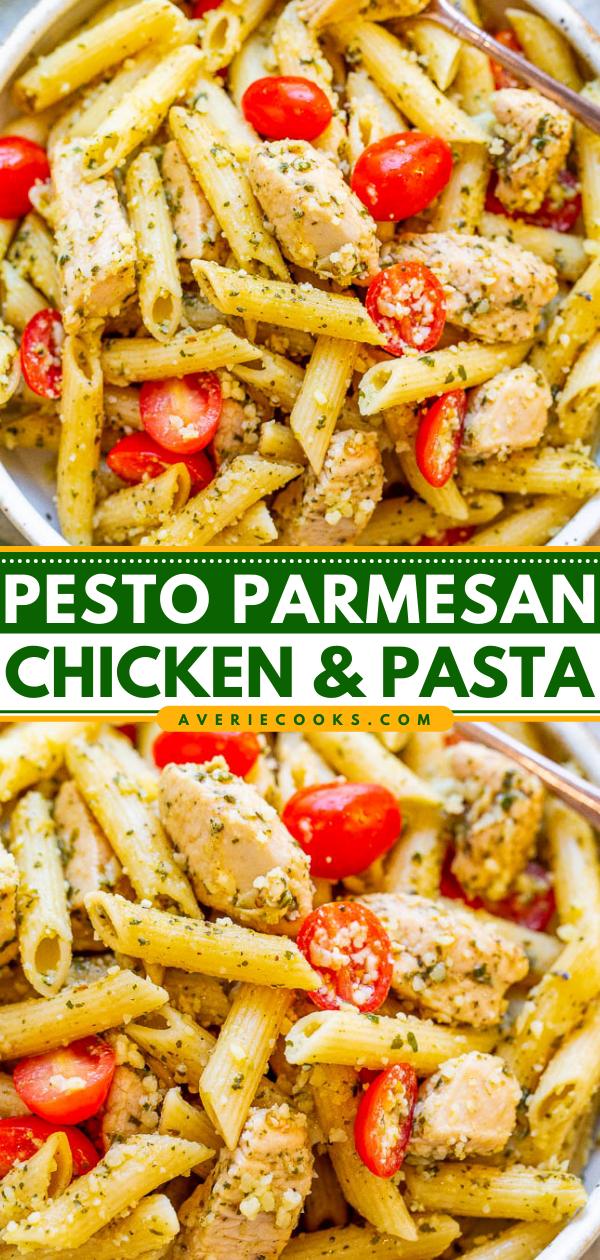 Parmesan Pesto Chicken Penne — EASY, ready in 20 minutes, and every piece of tender chicken and pasta is coated in fresh pesto sauce and parmesan cheese!! Great for easy weeknight dinners, planned leftovers, or for parties because it feeds a crowd!!
