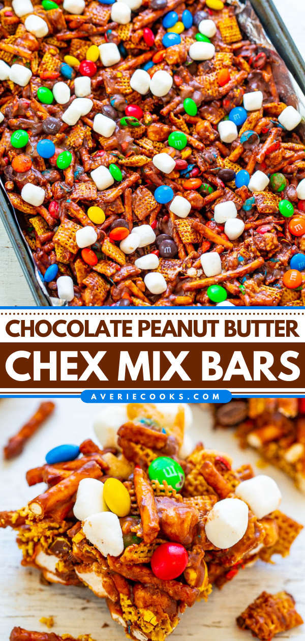 Chocolate Peanut Butter Chex Bars — SO EASY, NO-BAKE, and ready in FIVE minutes!! Chex cereal, pretzels, and M&Ms glued together with peanut butter and marshmallows!! An IRRESISTIBLE salty-sweet combination!!