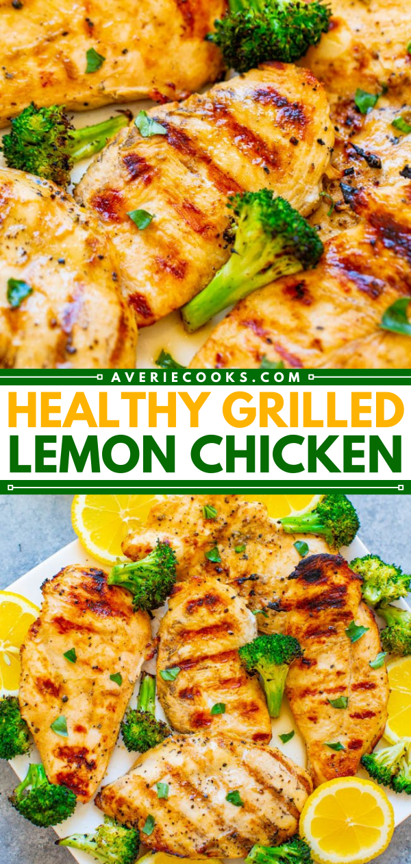 Grilled Lemon Chicken — EASY, ready in 10 minutes, and the chicken is so TENDER, juicy, and full of LEMON flavor!! With grilled broccoli on the side, this is a HEALTHY recipe perfect for swimsuit season that tastes AMAZING!!