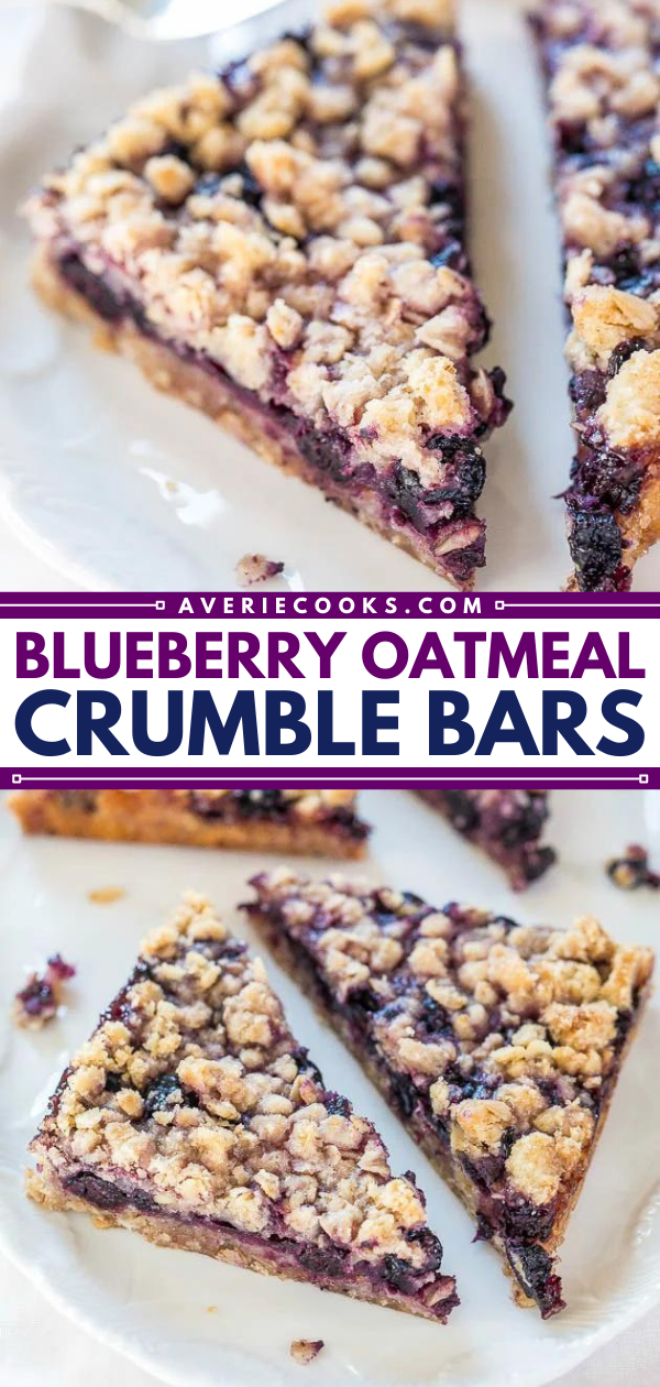 Blueberry Bars with Oatmeal Crumble Topping — These bars are buttery and packed with blueberry flavor! They take just 10 minutes of prep and then go straight into the oven. So easy to make, and a crowd pleaser every time!