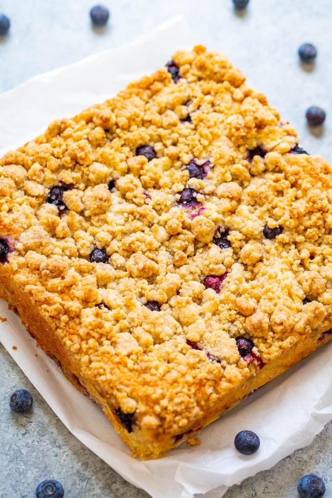 Blueberry Streusel Coffee Cake - An EASY, no-mixer cake studded with juicy blueberries and topped with big buttery streusel nuggets that are just SO GOOD!! Not overly sweet and PERFECT with a cup of coffee for breakfast, brunch, or a snack!!