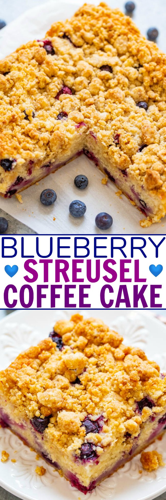 Blueberry Coffee Cake with Streusel Topping — An EASY, no-mixer cake studded with juicy blueberries and topped with big buttery streusel nuggets that are just SO GOOD!! Not overly sweet and PERFECT with a cup of coffee for breakfast, brunch, or a snack!!