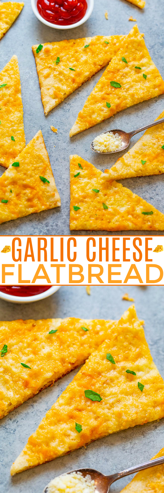 Garlic Cheese Flatbread - So EASY, just FIVE ingredients, ready in TEN minutes, and the perfect little party appetizer!! No one can say no to buttery garlic flatbread with two types of melted CHEESE!!