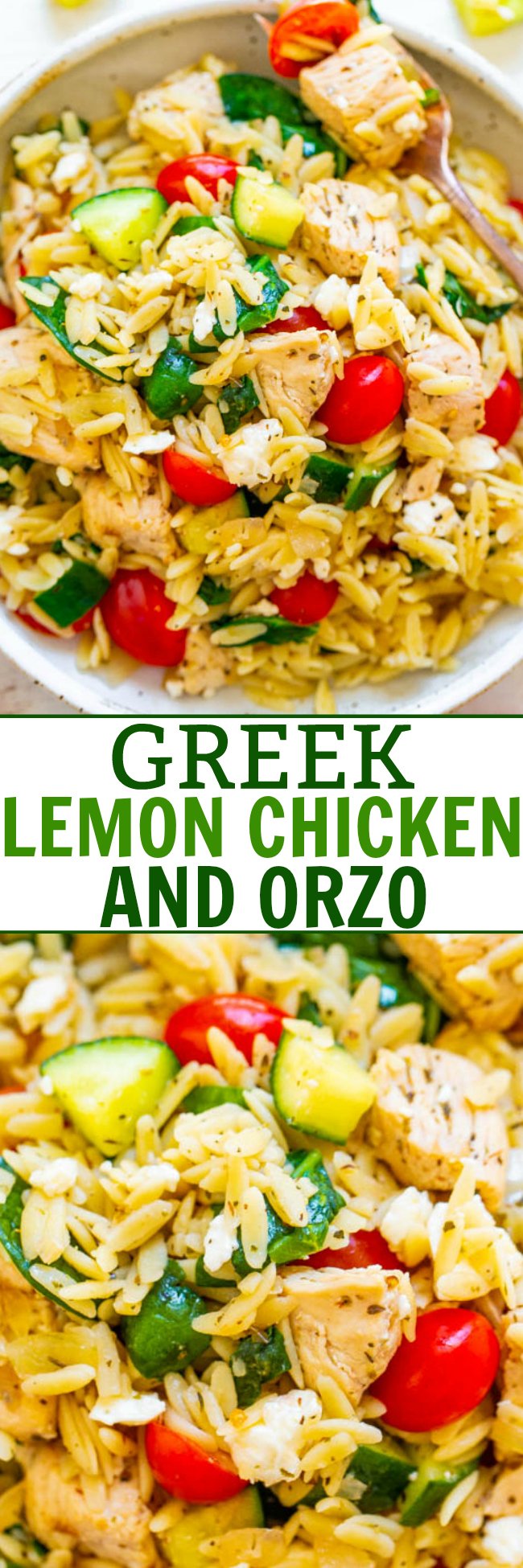Greek Lemon Chicken and Orzo - EASY, ready in 25 minutes, and feeds a crowd!! Juicy lemon chicken with orzo, fresh spinach, cucumbers, and tomatoes make this a dinnertime WINNER! Great for parties, picnics, and potlucks!!