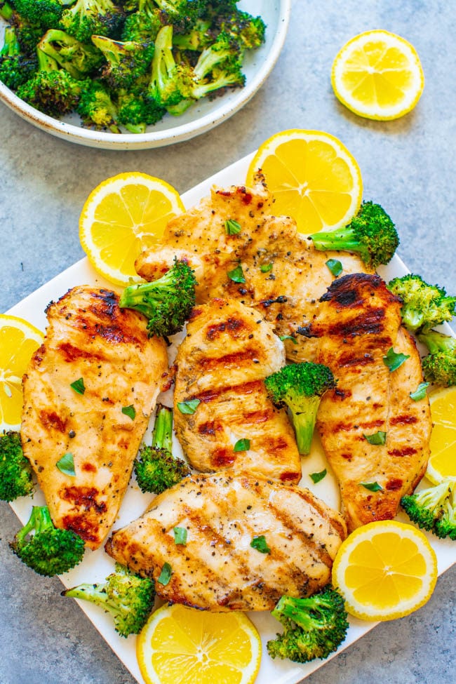 Overhead shot of Grilled Lemon Chicken on a white plate 