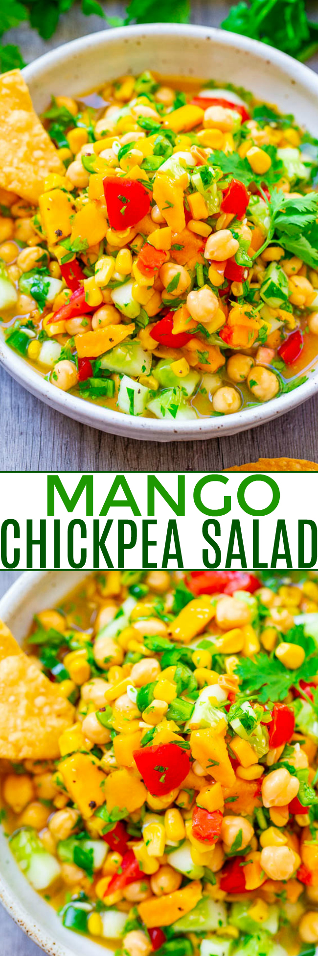 Mango Chickpea Corn Salad — An EASY salad that's ready in 5 minutes, HEALTHY, and full of Mexican-inspired flavors!! Great as a meatless lunch, dinner side dish, or for picnics and potlucks!!