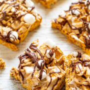 Smores Bars - SO EASY, NO-BAKE, just FOUR ingredients, and ready in FIVE minutes!! It doesn't get any better than that and no campfire required! A hit with kids and adults at parties, potlucks, and picnics!!