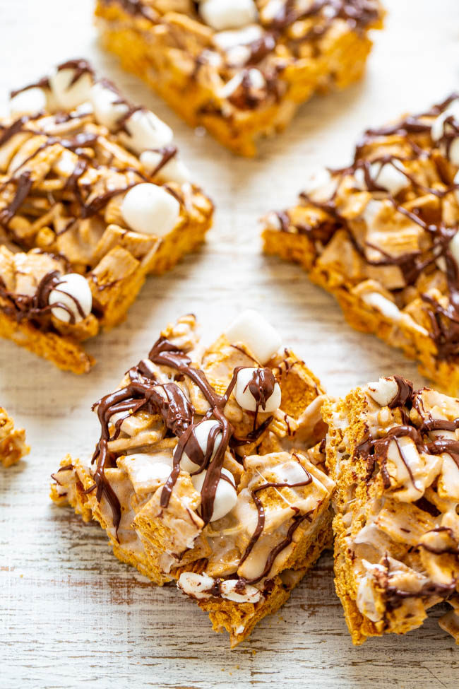 Smores Bars - SO EASY, NO-BAKE, just FOUR ingredients, and ready in FIVE minutes!! It doesn't get any better than that and no campfire required! A hit with kids and adults at parties, potlucks, and picnics!!
