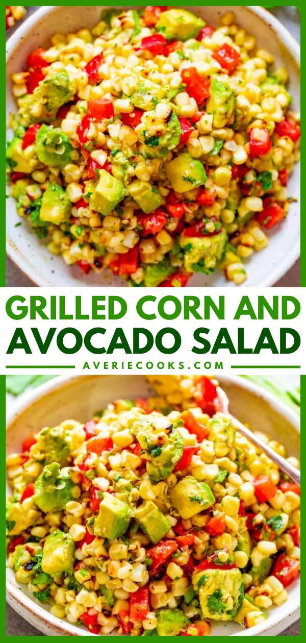 Grilled Avocado Corn Salad — An EASY and HEALTHY salad that's ready in 10 minutes and you won't be able to stop eating it!! Juicy corn, creamy avocado, cilantro, and fresh lime juice is a FIESTA in your mouth!!