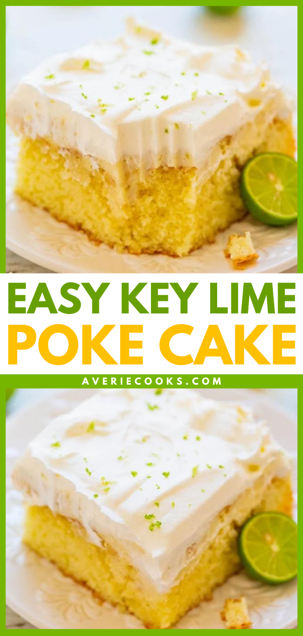 Key Lime Cake — An EASY and refreshing poke cake with plenty of zippy lime flavor that's perfect for summer parties, picnics, and potlucks!! Everyone loves this tangy-and-sweet, light, and airy cake!!