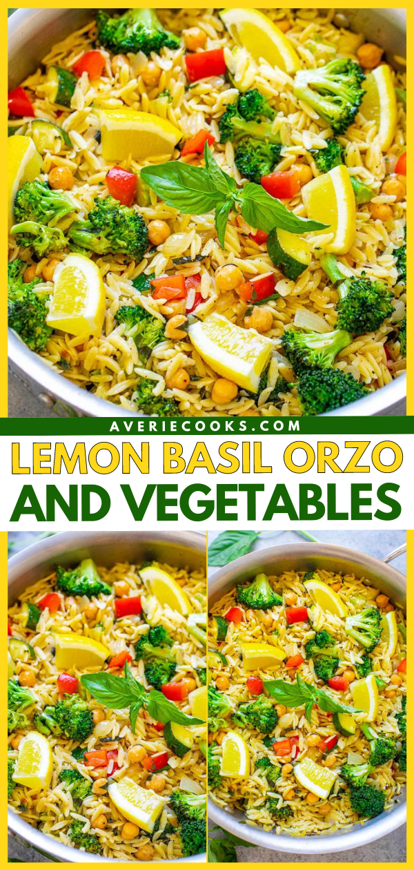 Basil Lemon Orzo and Vegetables — An EASY vegan recipe ready in 30 minutes that makes it easy to eat your veggies while enjoying the comforts of pasta, too!! The lemon and basil make the dish taste fresh and light!!