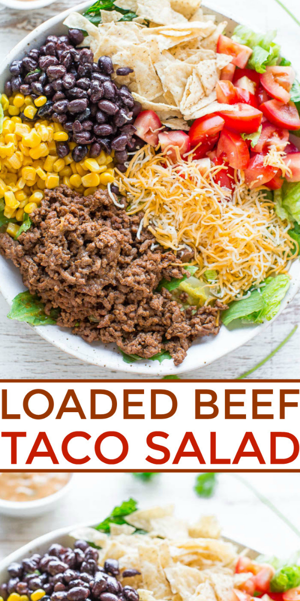 This Beef Taco Salad is loaded with crisp romaine lettuce, sweet corn, juicy tomatoes, and more! It comes together in just 20 minutes and is topped with the most incredible cilantro lime dressing. 