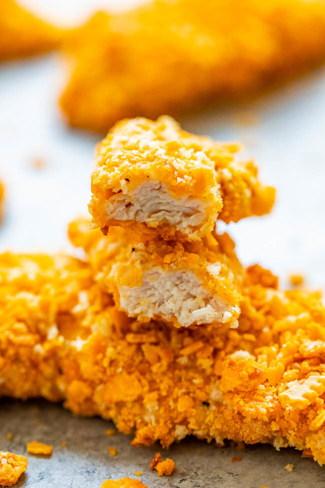 Cheeze-It Chicken Tenders - EASY, ready in 15 minutes, and so CRISPY on the outside thanks to a Cheeze-It Cracker coating!! Don’t bother frying chicken when you can bake it! If you like Cheeze-Its, you're going to LOVE this chicken!!