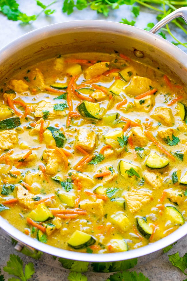 Green Thai Chicken Coconut Curry - An EASY, one-skillet curry that’s ready in 20 minutes and tastes BETTER than from a Thai restaurant!! It's healthy comfort food that tastes AMAZING!!