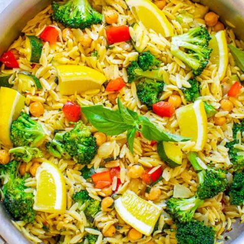 Lemon Basil Orzo and Vegetables - An EASY vegan recipe ready in 30 minutes that makes it easy to eat your veggies while enjoying the comforts of pasta, too!! The lemon and basil make the dish taste fresh and light!!