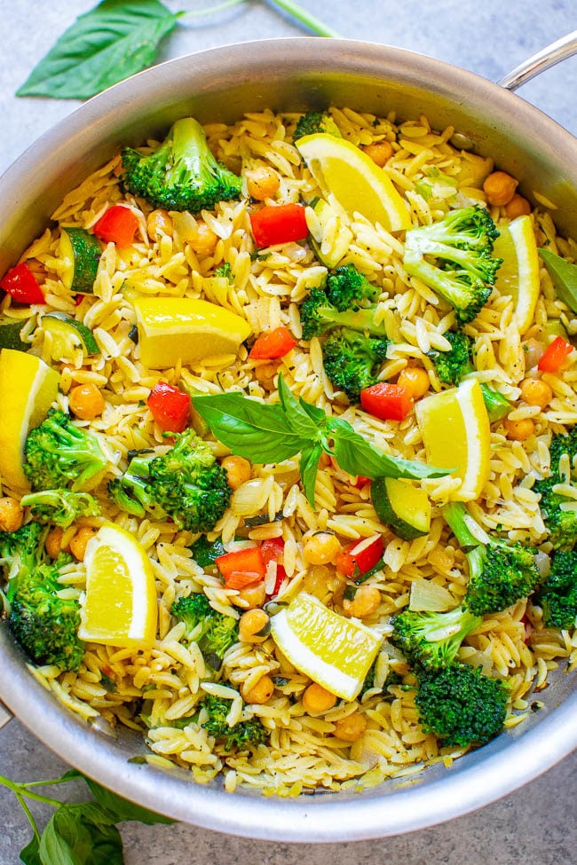 Lemon Basil Orzo and Vegetables - An EASY vegan recipe ready in 30 minutes that makes it easy to eat your veggies while enjoying the comforts of pasta, too!! The lemon and basil make the dish taste fresh and light!!
