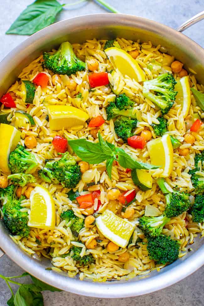 Basil Lemon Orzo and Vegetables — An EASY vegan recipe ready in 30 minutes that makes it easy to eat your veggies while enjoying the comforts of pasta, too!! The lemon and basil make the dish taste fresh and light!!