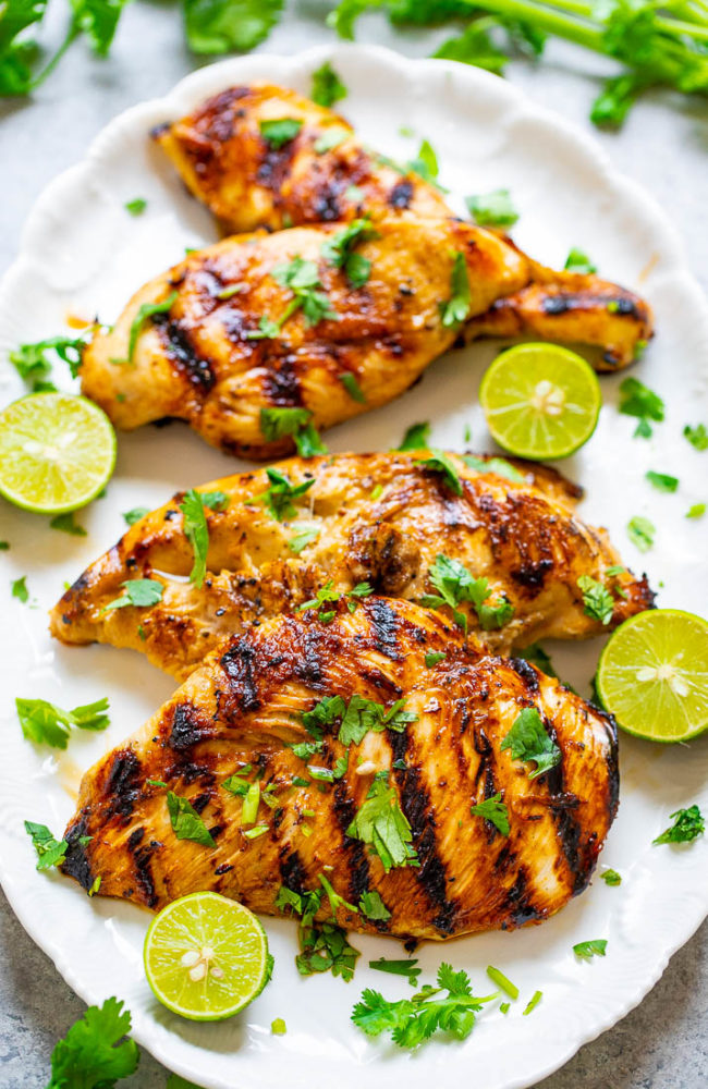 Grilled Lime Cilantro Chicken on a white plate 