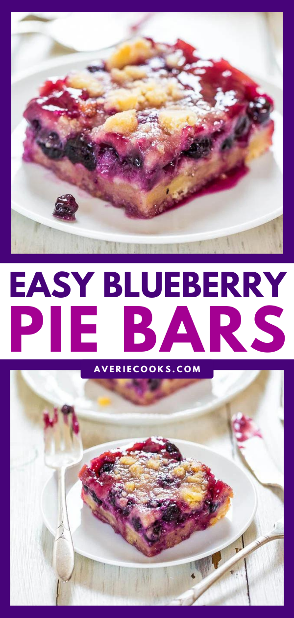 Blueberry Pie Bars — These pie bars are one of my all-time favorite frozen blueberry recipes! They have the flavors you love in a blueberry pie, but you don't have to mess around with homemade pie crust. If desired, you can easily make these with fresh blueberries instead of frozen! 