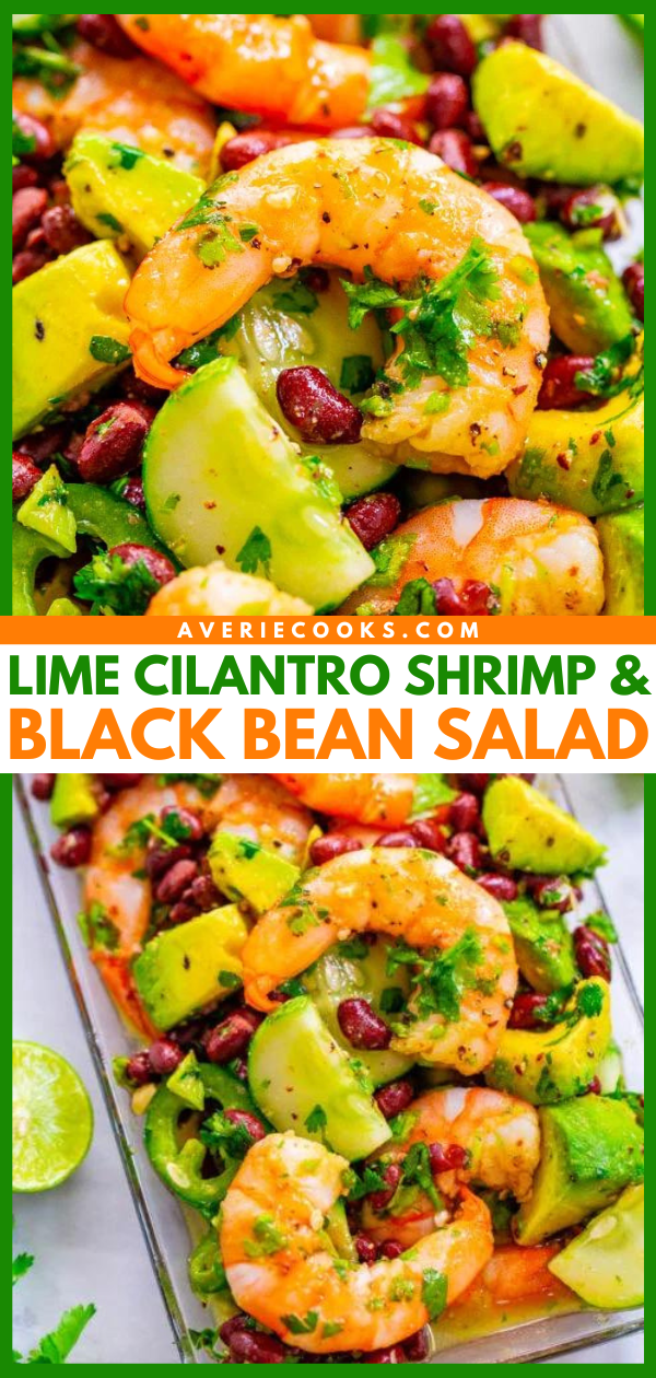 Lime Cilantro Shrimp and Black Bean Salad — Tender juicy shrimp, black beans, avocado, cilantro, and more coated in a lime sauce that's a FIESTA in your mouth!! An EASY and HEALTHY Mexican-inspired salad that’s ready in 10 minutes!!