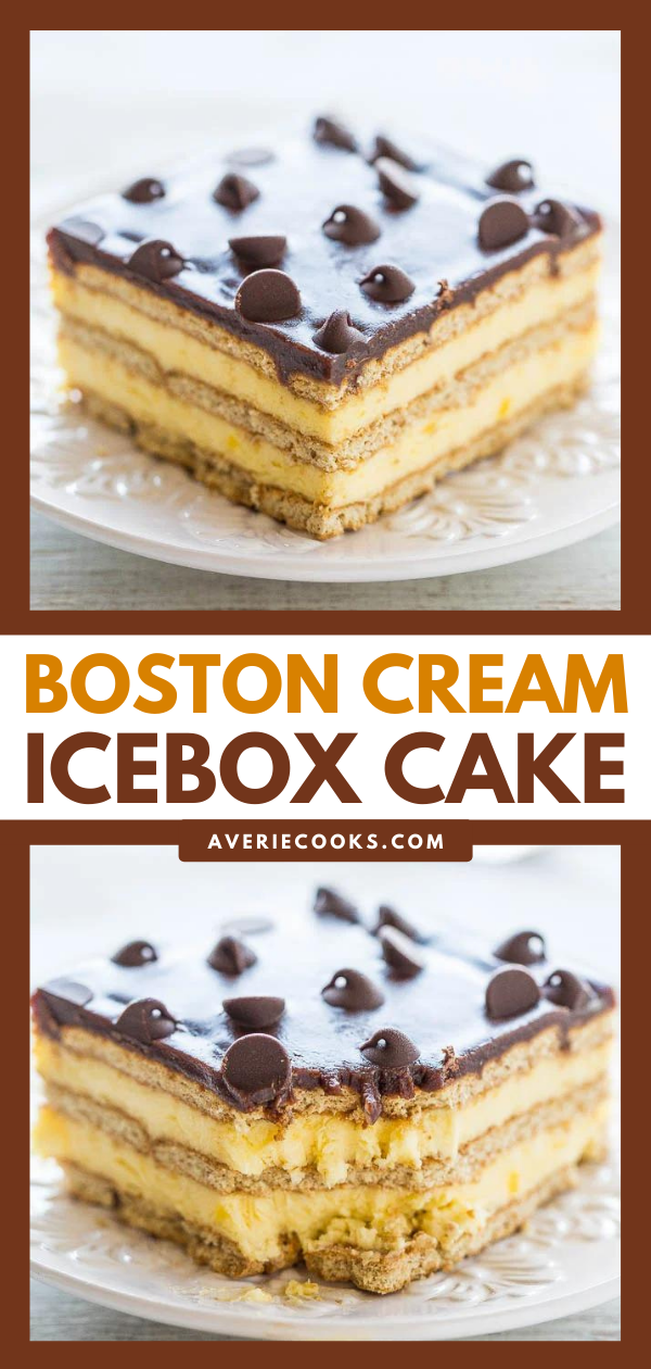 Boston Cream Icebox Cake — Boston cream pie meets an eclair in an easy no-mixer, no-bake dessert! Vanilla pudding, whipped topping, graham crackers, and lots of chocolate! Perfect for parties or anytime you don't want to turn on your oven!!