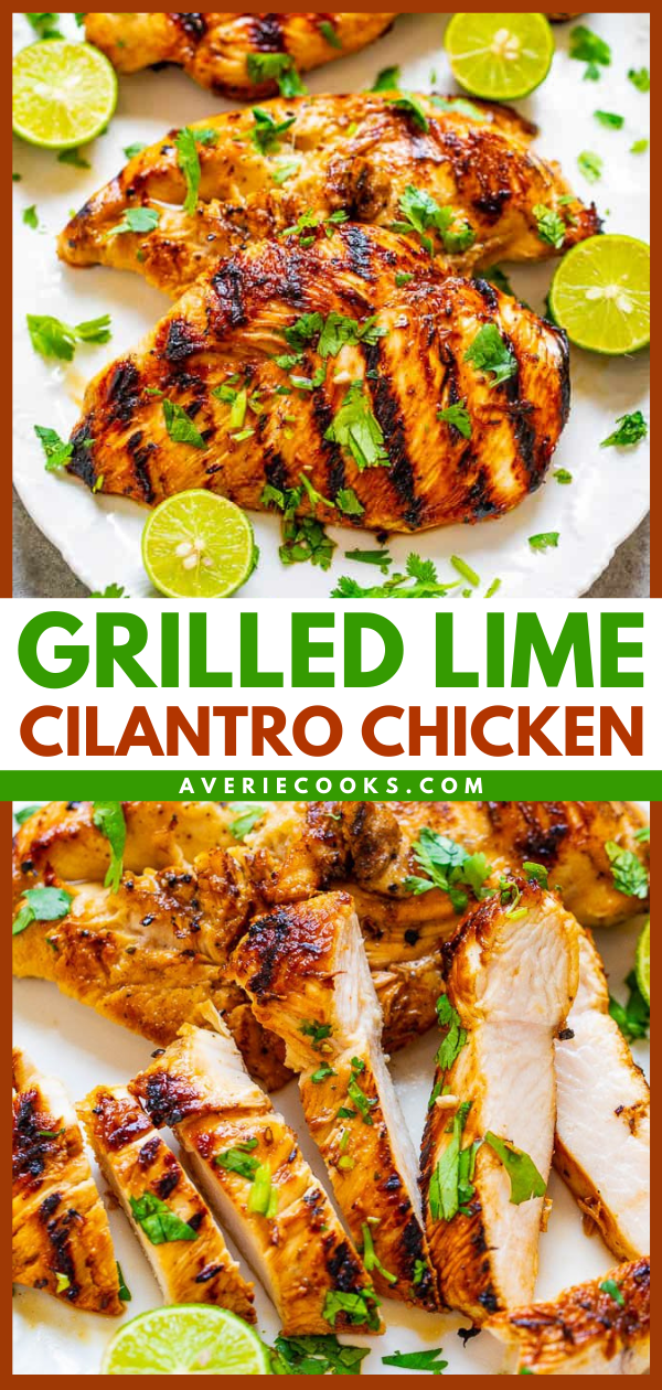 Grilled Lime Cilantro Chicken — EASY, ready in 10 minutes, and the cilantro chicken is so TENDER, juicy, and full of Mexican-inspired flavor!! Put this HEALTHY chicken recipe on your summer menu rotation and it'll be a hit with everyone!!