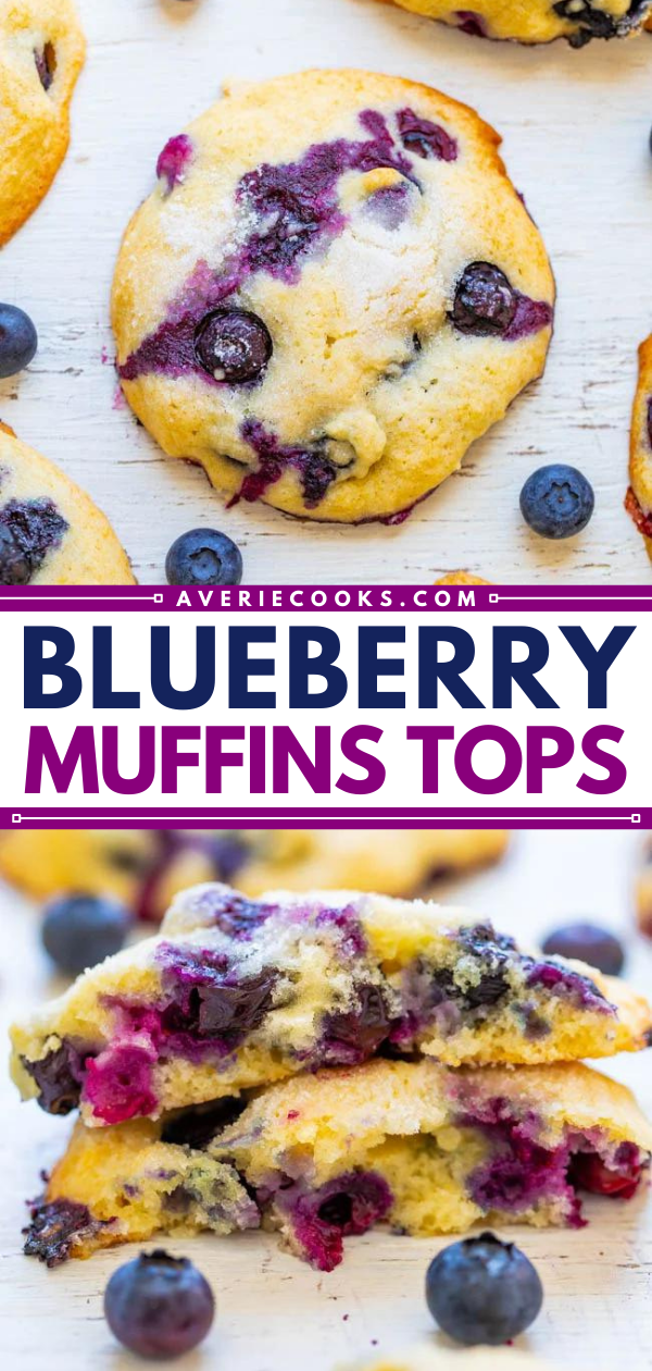 Blueberry Muffin Tops — If you like to eat just the tops of your muffins, you're going to LOVE this EASY recipe for soft and tender blueberry muffin tops bursting with juicy berries in every bite!! Only 1/2 cup sugar in the entire batch!!