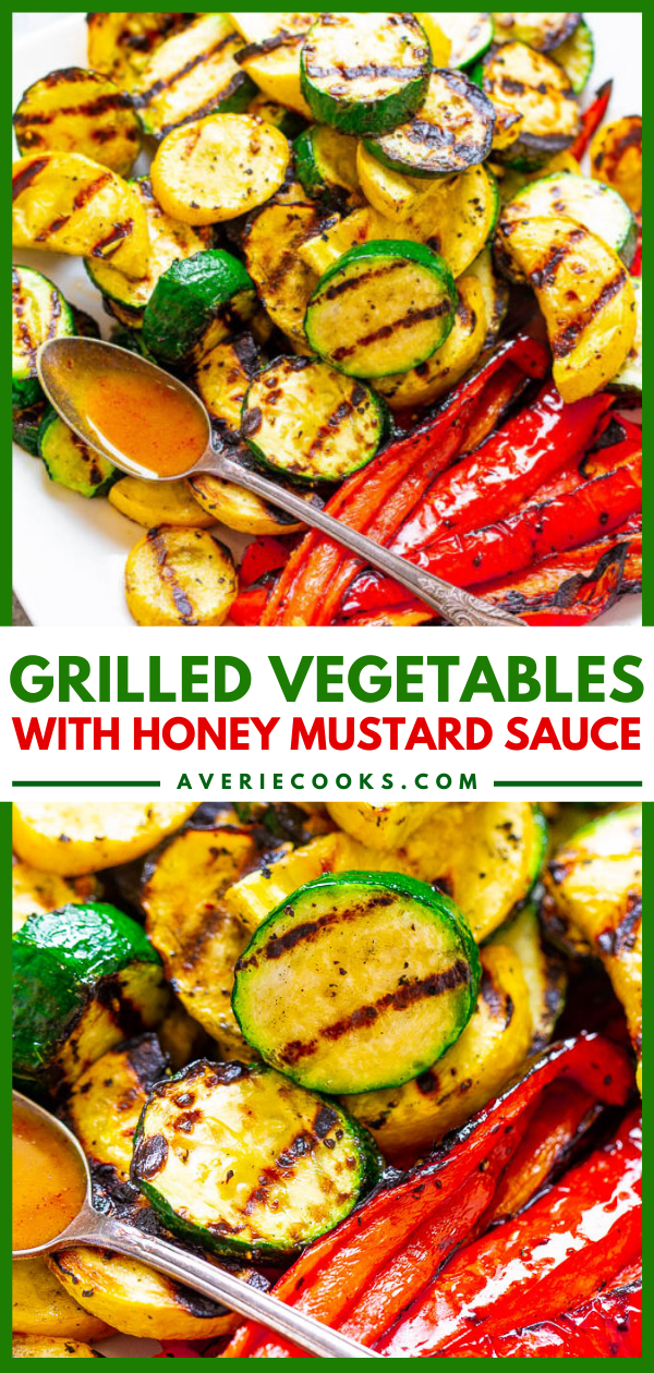 Grilled Vegetables With Honey Mustard Dipping Sauce — Grilling gives these simply prepared vegetables the perfect amount of smoky flavor and the dipping sauce accentuates that lovely smokiness!! Healthy, fast, EASY, zero cleanup, and ready in 5 minutes!!