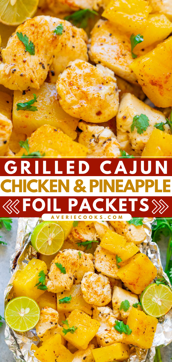 Grilled Cajun Chicken and Pineapple Foil Packets — EASY, tasty, ready in 15 minutes, HEALTHY, and since it's made in a foil pack on the grill, there's ZERO cleanup!! Perfect for easy-breezy summer meals!!
