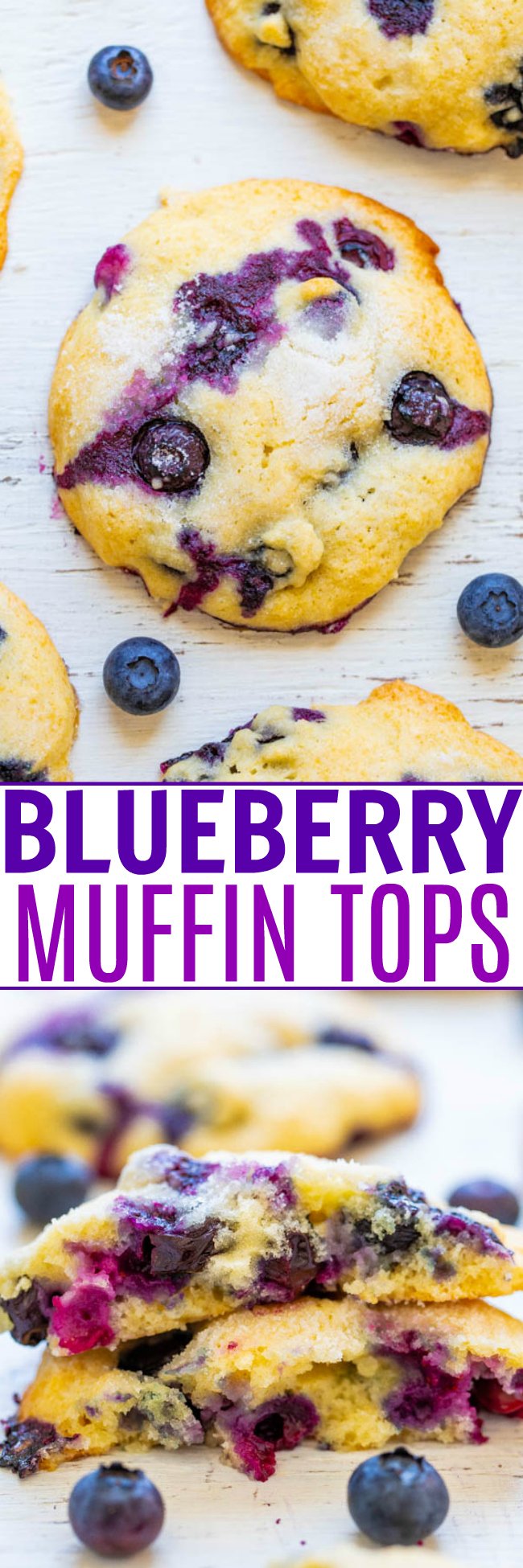 Blueberry Muffin Tops - If you like to eat just the tops of your muffins, you're going to LOVE this EASY recipe for soft and tender blueberry muffin tops bursting with juicy berries in every bite!! Only 1/2 cup sugar in the entire batch!!