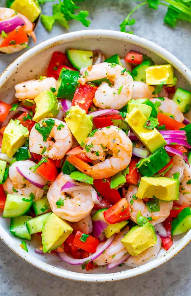 Shrimp Ceviche - The EASIEST way to make traditional shrimp ceviche and it tastes the BEST!! Ready in 30 minutes, great as an appetizer, side, or as a healthy main course that everyone LOVES!! 