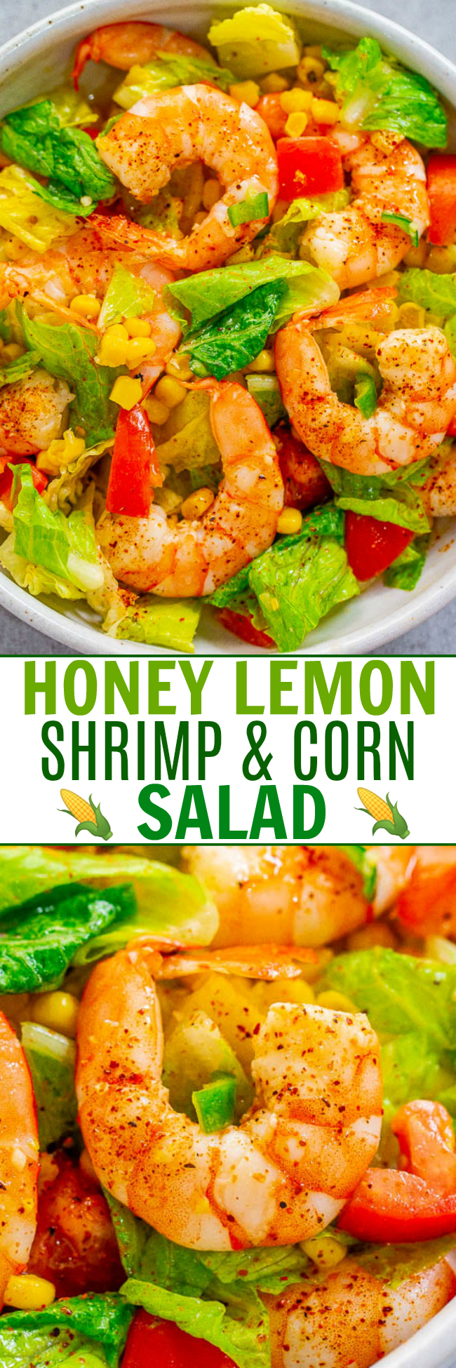 Honey Lemon Shrimp and Corn Salad - Tender juicy shrimp nestled in a crunchy fresh salad and everything is coated in an IRRESISTIBLE honey lemon sauce!! An EASY and HEALTHY salad that's ready in 10 minutes!!