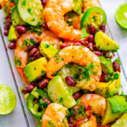 Lime Cilantro Shrimp and Black Bean Salad - Tender juicy shrimp, black beans, avocado, cilantro, and more coated in a lime sauce that's a FIESTA in your mouth!! An EASY and HEALTHY Mexican-inspired salad that’s ready in 10 minutes!!