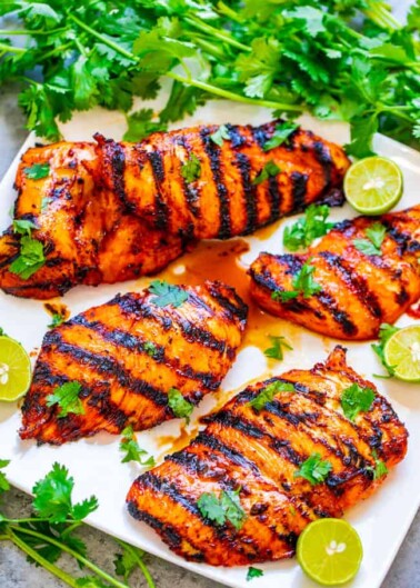 Grilled Sriracha Lime Chicken - EASY, ready in 10 minutes, and the chicken is SPICY, tender, and juicy!! Put this HEALTHY chicken recipe on your summer menu when you want to kick things up a notch!!