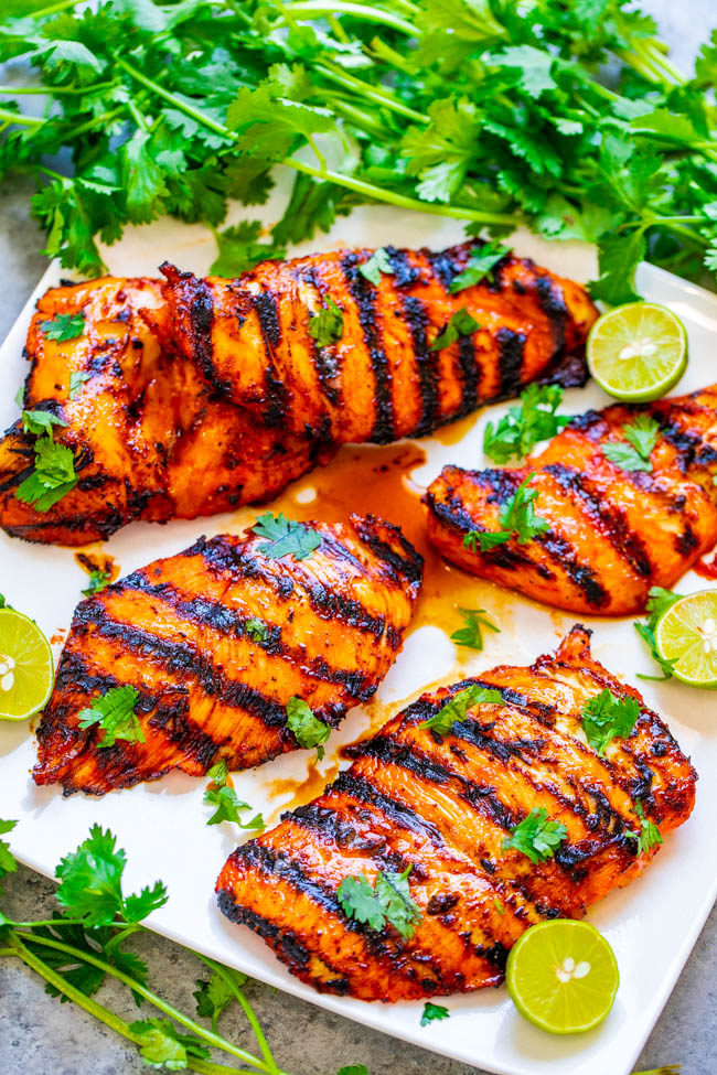 Grilled Sriracha Lime Chicken - EASY, ready in 10 minutes, and the chicken is SPICY, tender, and juicy!! Put this HEALTHY chicken recipe on your summer menu when you want to kick things up a notch!!