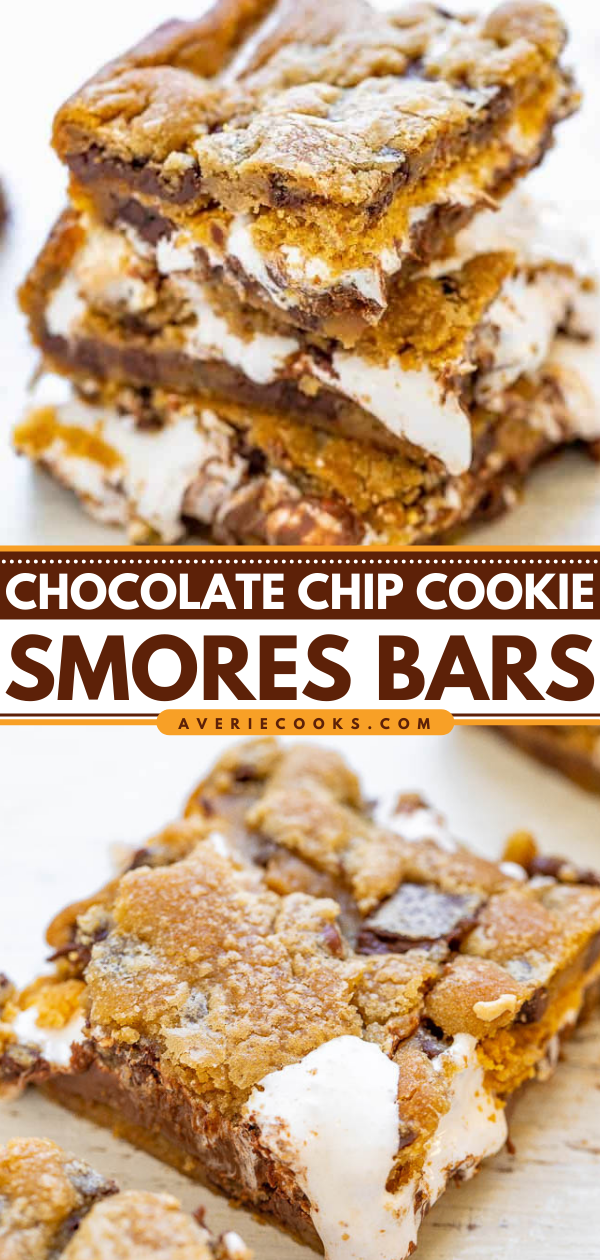Chocolate Chip S'mores Cookie Bars — Between layers of super soft chocolate chip cookie dough there's chocolate, marshmallows, and graham cracker crumbs for the most DECADENT smores ever!! So EASY and just 4 main ingredients!! 